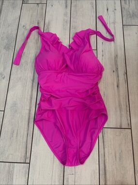 Ellen Tracy Hot Pink Ruffle One-Piece Swimsuit